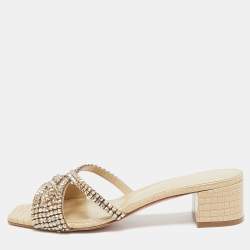 Gina Cream Croc Embossed Leather and Crystals Slide Sandals Size 39.5