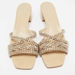 Gina Cream Croc Embossed Leather and Crystals Slide Sandals Size 39.5