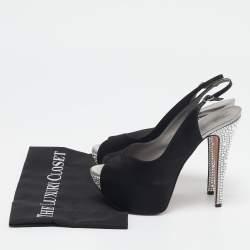 مملوكة مسبقًا Gina Black Satin Crystal Platform  Slingback Sandals Size 38.5