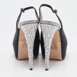 مملوكة مسبقًا Gina Black Satin Crystal Platform  Slingback Sandals Size 38.5