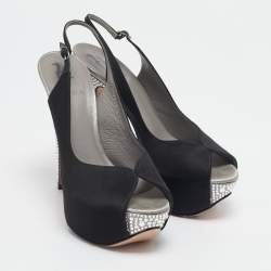 مملوكة مسبقًا Gina Black Satin Crystal Platform  Slingback Sandals Size 38.5