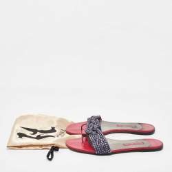 Pre Owned Gina Pink Leather Crystal Embellished Flat Slide Sandals Size 40.5