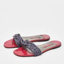 Pre Owned Gina Pink Leather Crystal Embellished Flat Slide Sandals Size 40.5