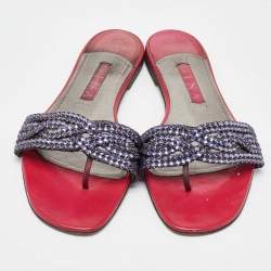 Pre Owned Gina Pink Leather Crystal Embellished Flat Slide Sandals Size 40.5