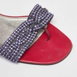 Pre Owned Gina Pink Leather Crystal Embellished Flat Slide Sandals Size 40.5