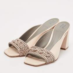 Pre Owned Gina Beige Patent Crystal Embellished Mules Size 39