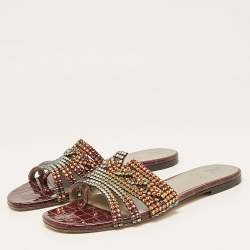 مملوكة مسبقًا Gina Burgundy Croc Embossed Leather and Crystals Flat Slides Size 39