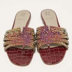 مملوكة مسبقًا Gina Burgundy Croc Embossed Leather and Crystals Flat Slides Size 39