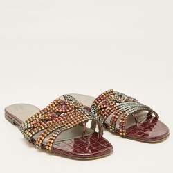 مملوكة مسبقًا Gina Burgundy Croc Embossed Leather and Crystals Flat Slides Size 39