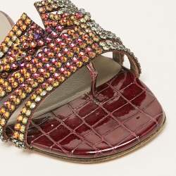 مملوكة مسبقًا Gina Burgundy Croc Embossed Leather and Crystals Flat Slides Size 39