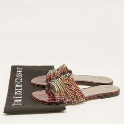 مملوكة مسبقًا Gina Burgundy Croc Embossed Leather and Crystals Flat Slides Size 39