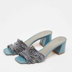 Pre Owned Gina Blue Leather Crystal Embellished Utah Slide Sandals Size 39.5