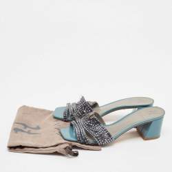 Pre Owned Gina Blue Leather Crystal Embellished Utah Slide Sandals Size 39.5