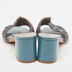 Pre Owned Gina Blue Leather Crystal Embellished Utah Slide Sandals Size 39.5