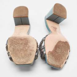 Pre Owned Gina Blue Leather Crystal Embellished Utah Slide Sandals Size 39.5