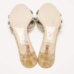 Pre Owned Gina Brown Croc Embossed Patent Leather Crystal Embellished Slide Sandals Size 38.5