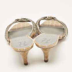 Pre Owned Gina Brown Croc Embossed Patent Leather Crystal Embellished Slide Sandals Size 38.5