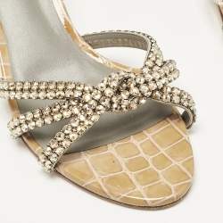 Pre Owned Gina Brown Croc Embossed Patent Leather Crystal Embellished Slide Sandals Size 38.5