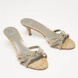 Pre Owned Gina Brown Croc Embossed Patent Leather Crystal Embellished Slide Sandals Size 38.5