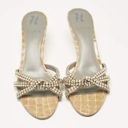 Pre Owned Gina Brown Croc Embossed Patent Leather Crystal Embellished Slide Sandals Size 38.5