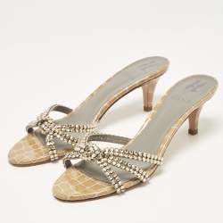 Pre Owned Gina Brown Croc Embossed Patent Leather Crystal Embellished Slide Sandals Size 38.5