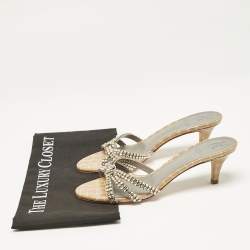 Pre Owned Gina Brown Croc Embossed Patent Leather Crystal Embellished Slide Sandals Size 38.5