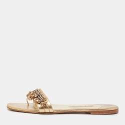 Gina Gold Leather Crystal Embellished Flat Slides Size 39.5