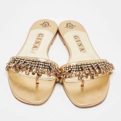 Pre Owned Gina Gold Leather Crystal Embellished Flat Slides Size 39.5