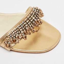 Pre Owned Gina Gold Leather Crystal Embellished Flat Slides Size 39.5