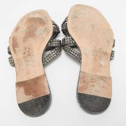 Pre Owned Gina Silver Croc Embossed Leather Crystals Flat Slides Size 38.5