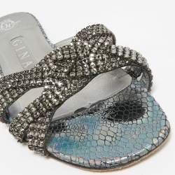 Pre Owned Gina Silver Croc Embossed Leather Crystals Flat Slides Size 38.5