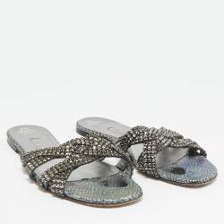Pre Owned Gina Silver Croc Embossed Leather Crystals Flat Slides Size 38.5