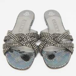 Pre Owned Gina Silver Croc Embossed Leather Crystals Flat Slides Size 38.5