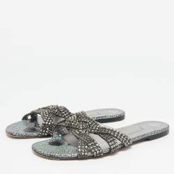Pre Owned Gina Silver Croc Embossed Leather Crystals Flat Slides Size 38.5