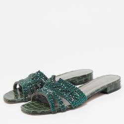 Pre Owned Gina Green Crystal Embellished Leather Flat Slides Size 39