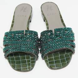 Pre Owned Gina Green Crystal Embellished Leather Flat Slides Size 39