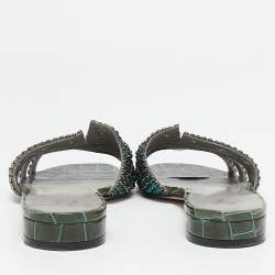 Pre Owned Gina Green Crystal Embellished Leather Flat Slides Size 39