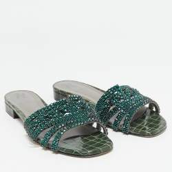 Pre Owned Gina Green Crystal Embellished Leather Flat Slides Size 39