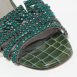 Pre Owned Gina Green Crystal Embellished Leather Flat Slides Size 39