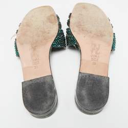Pre Owned Gina Green Crystal Embellished Leather Flat Slides Size 39