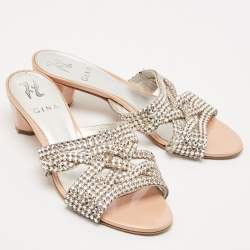 Pre Owned صندل سلايد جينا لورين جلد مزخرف بالكريستال أسود مقاس 37