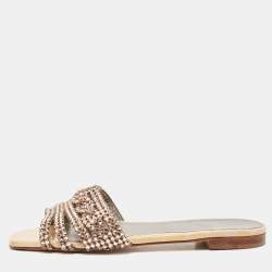 مملوكة مسبقًا Gina Cream/Grey Croc Embossed Patent Leather Dakota Slide Flats Size 38