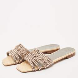 مملوكة مسبقًا Gina Cream/Grey Croc Embossed Patent Leather Dakota Slide Flats Size 38