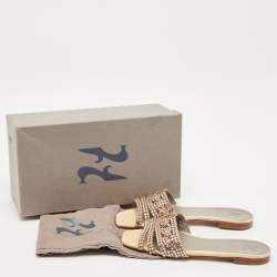 مملوكة مسبقًا Gina Cream/Grey Croc Embossed Patent Leather Dakota Slide Flats Size 38