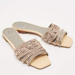 مملوكة مسبقًا Gina Cream/Grey Croc Embossed Patent Leather Dakota Slide Flats Size 38