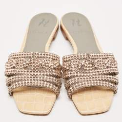 مملوكة مسبقًا Gina Cream/Grey Croc Embossed Patent Leather Dakota Slide Flats Size 38