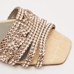 مملوكة مسبقًا Gina Cream/Grey Croc Embossed Patent Leather Dakota Slide Flats Size 38