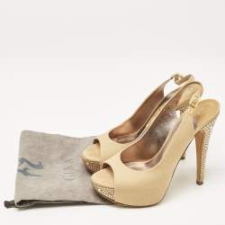 Gina Brown Canvas Crystal Embellished Slingback Pumps Size 37