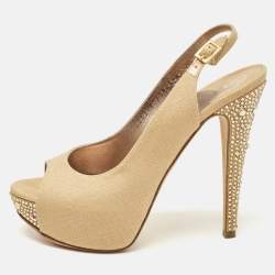 Gina Brown Canvas Crystal Embellished Slingback Pumps Size 37