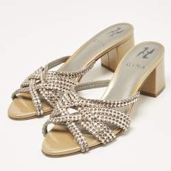 Pre Owned Gina Gold/BrownCrystal Embellished Leather Slide Sandals Size 37